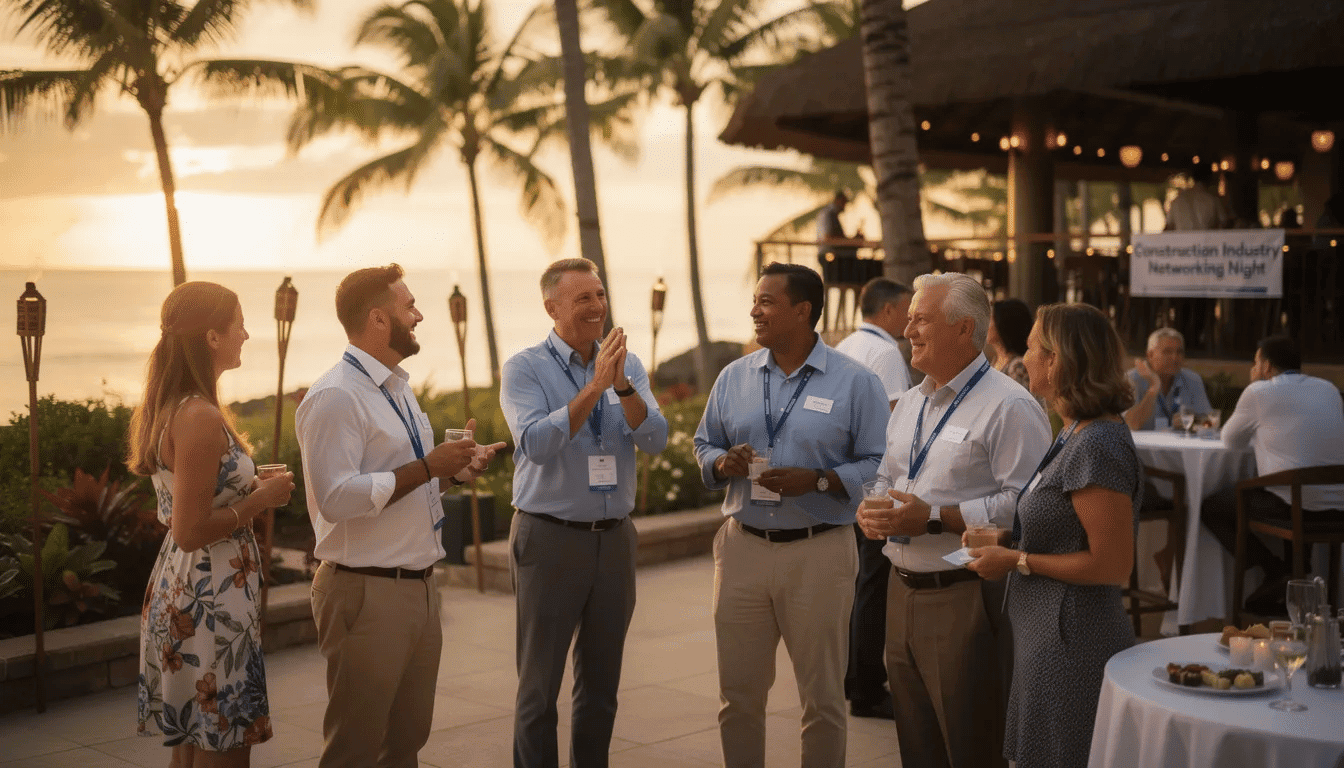 A group of construction professionals in business casual attire engage in conversation at a Hawaiian-themed networking event, fostering connections within the construction industry. The setting reflects a vibrant atmosphere, ideal for discussing upcoming events, innovative practices, and career opportunities in building and design.