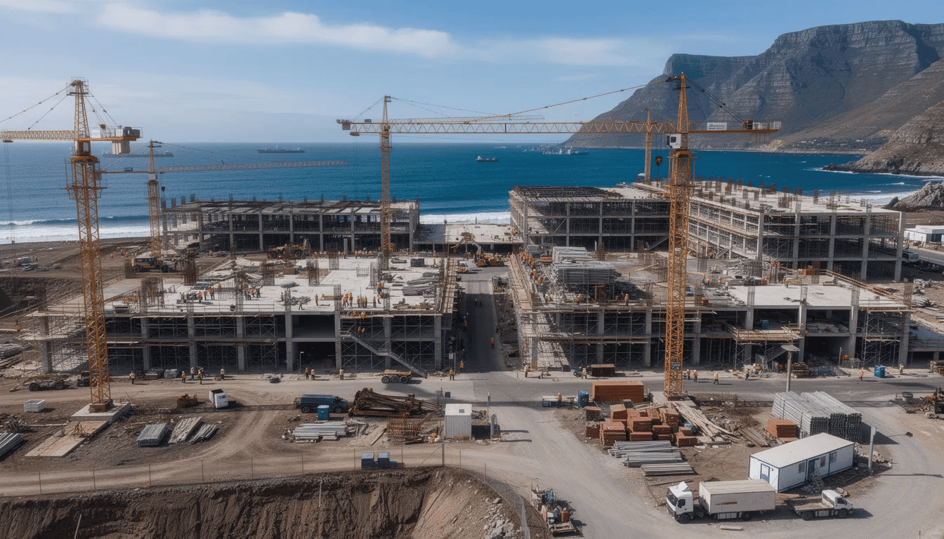 An aerial view showcases a large construction project with cranes and workers actively engaged, set against a stunning backdrop of ocean and mountains, highlighting the employment opportunities within the industry. This scene illustrates the importance of customized training and developing marketable skills for individuals interested in a new career in construction.