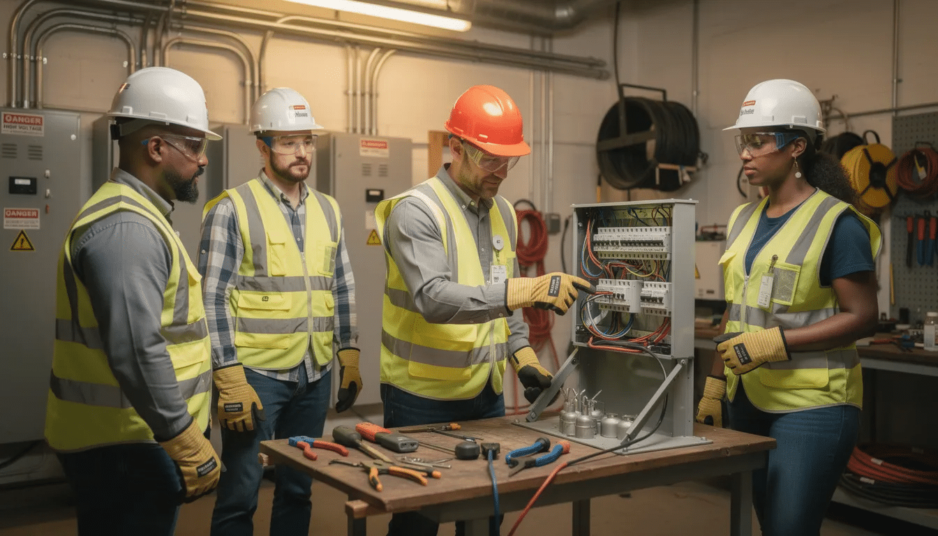 An instructor is demonstrating electrical wiring techniques to a group of apprentices in a workshop, where all participants are wearing safety gear. This hands-on training aims to develop marketable skills for a new career in the electrical industry, providing valuable employment opportunities.