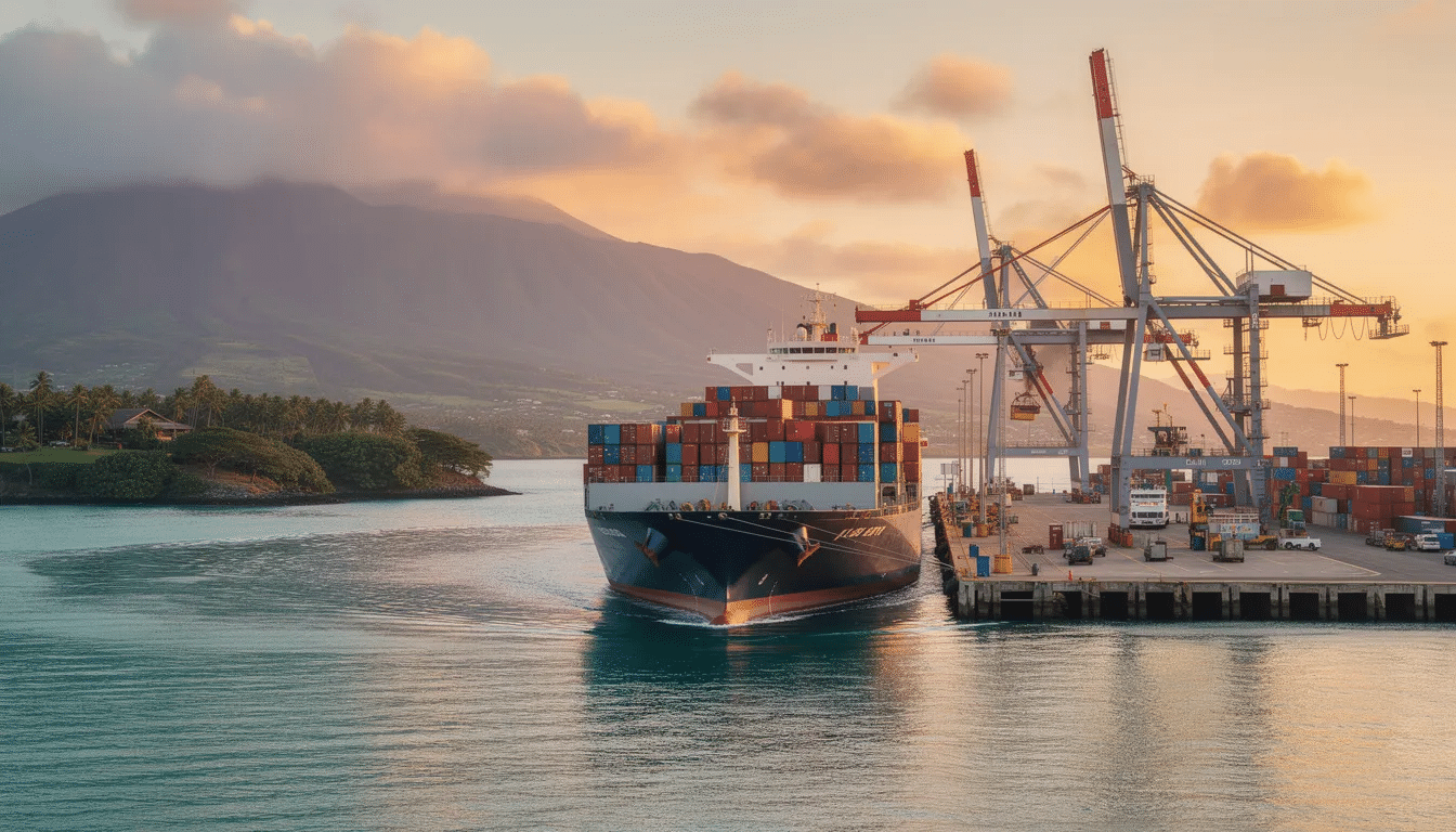A cargo ship laden with colorful containers is entering a Hawaiian harbor, flanked by towering cranes and set against a lush tropical backdrop, symbolizing the intersection of the shipping industry and the vibrant construction sector in America. The image reflects opportunities for builders and business owners in the region, highlighting the importance of innovation and networking within the construction industry.