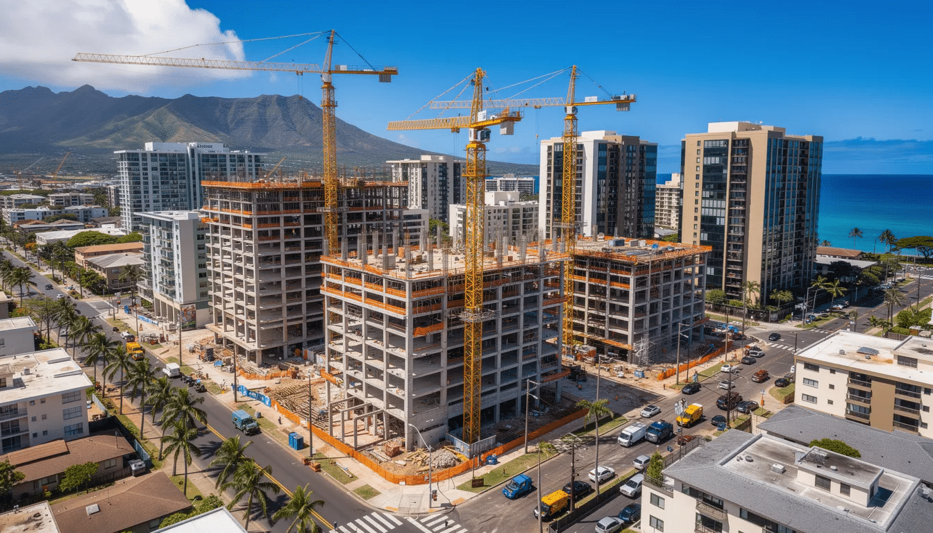 An aerial view captures a bustling construction development in an urban Hawaiian setting, featuring cranes and partially completed buildings. This scene reflects the growth and opportunities available in trade schools in Hawaii, such as those offered by Honolulu Community College, which prepares students for successful careers through diverse training programs.