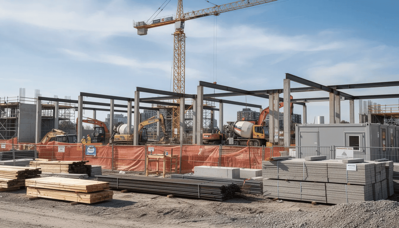 The image depicts a bustling construction site with workers in hard hats, operating heavy machinery, and assembling structures. This environment offers various employment opportunities and emphasizes the importance of customized training programs for individuals looking to develop marketable skills in the construction industry.
