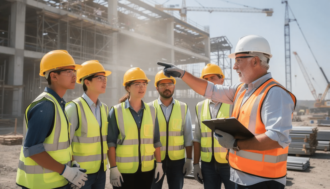 A group of young construction workers in hard hats attentively listens to an experienced supervisor as he provides instruction on a building site, showcasing the importance of education and training in the construction industry. This scene highlights the collaboration and practical tools essential for successful projects and career development in the profession.