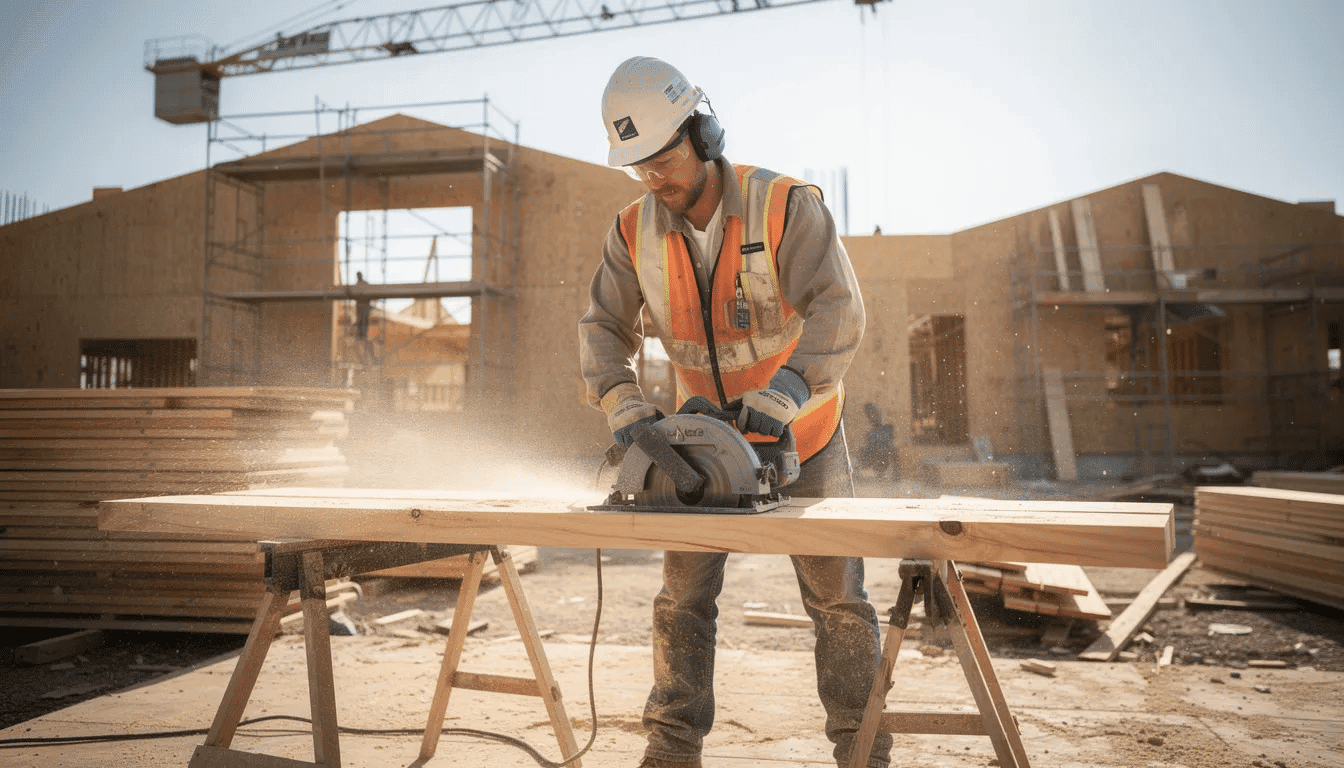 A skilled tradesperson is using power tools to cut lumber on a bustling construction site, showcasing hands-on training and practical skills essential for a successful career in the trades. This scene highlights the importance of training programs offered by trade schools, such as Honolulu Community College, which prepare students for high-demand jobs in various industries.