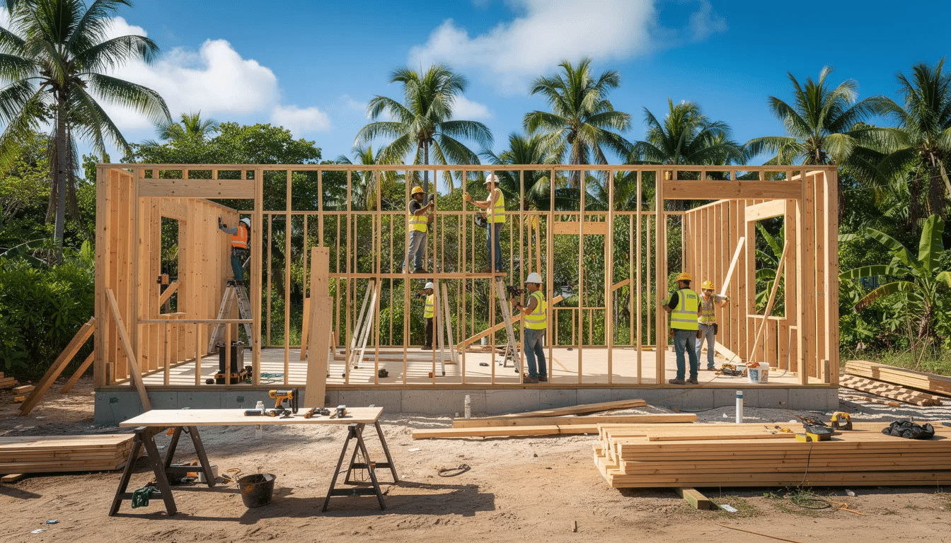 The image shows construction workers actively building wooden framing on a residential job site, surrounded by lush tropical vegetation typical of Hawaii. This scene highlights hands-on training in construction, which is essential for students pursuing successful careers through trade schools like Honolulu Community College.