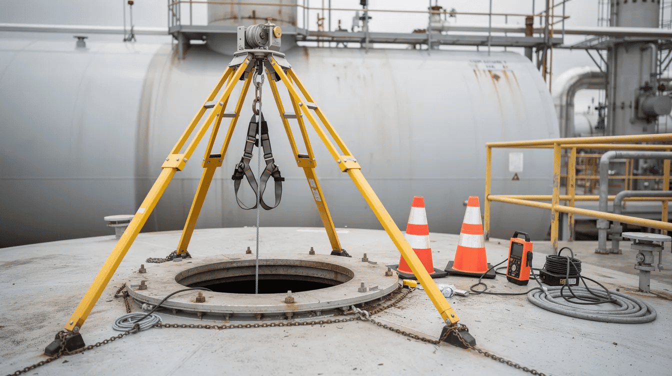 The image depicts a safety tripod and retrieval system strategically positioned at a tank entry point, highlighting the importance of occupational safety in confined spaces. This setup is essential for ensuring safe entry and exit in potentially hazardous environments, where risks such as toxic gases and oxygen deficiency may be present.