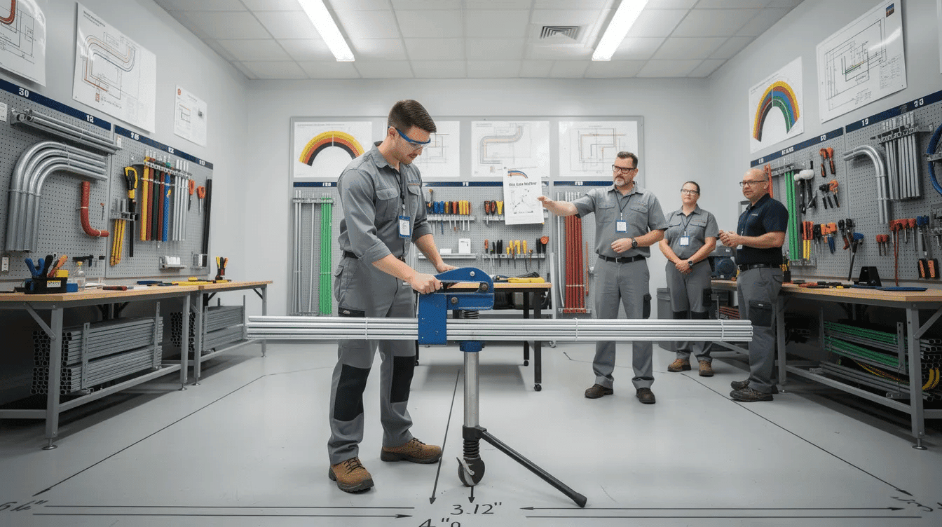 An apprentice electrician is practicing conduit bending techniques in a training facility, part of an apprenticeship program in Hawaii. This hands-on training is essential for developing skills needed for successful completion of the job and related classroom instruction.