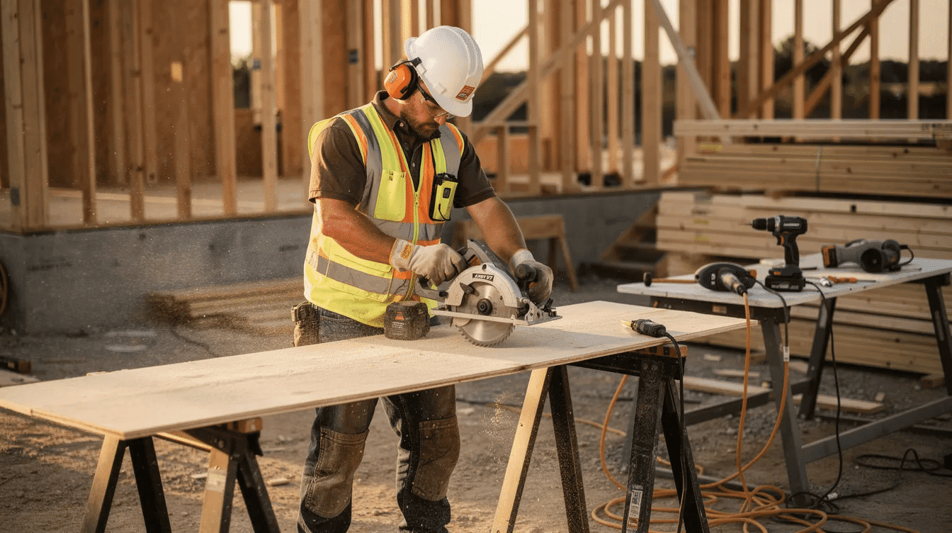 A skilled tradesperson is focused on using power tools while working on a construction project, showcasing the practical tools and techniques essential in the construction industry. This image highlights the dedication and expertise of construction professionals as they contribute to building infrastructure and advancing industry trends.
