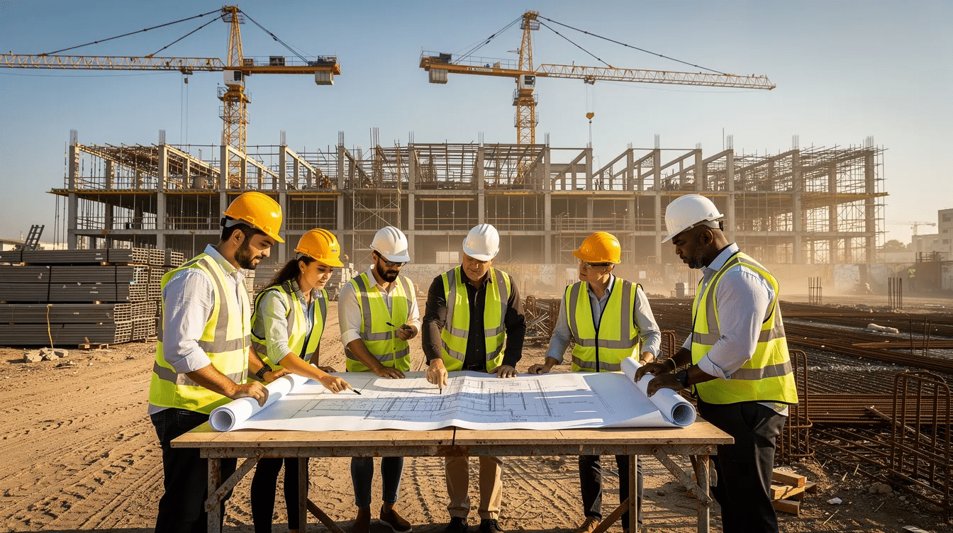 A group of construction workers is gathered on a commercial building site, intently reviewing blueprints while cranes loom in the background. This scene highlights the ongoing construction activity within the construction industry, particularly in nonresidential construction projects.