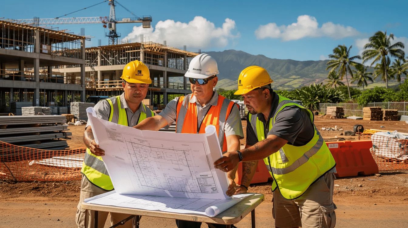 A group of construction workers is gathered at a commercial job site in Hawaii, intently reviewing blueprints to ensure project efficiency and track progress on their construction project. They are focused on key performance indicators (KPIs) to monitor financial performance and project success, highlighting the importance of effective construction management in achieving client satisfaction.