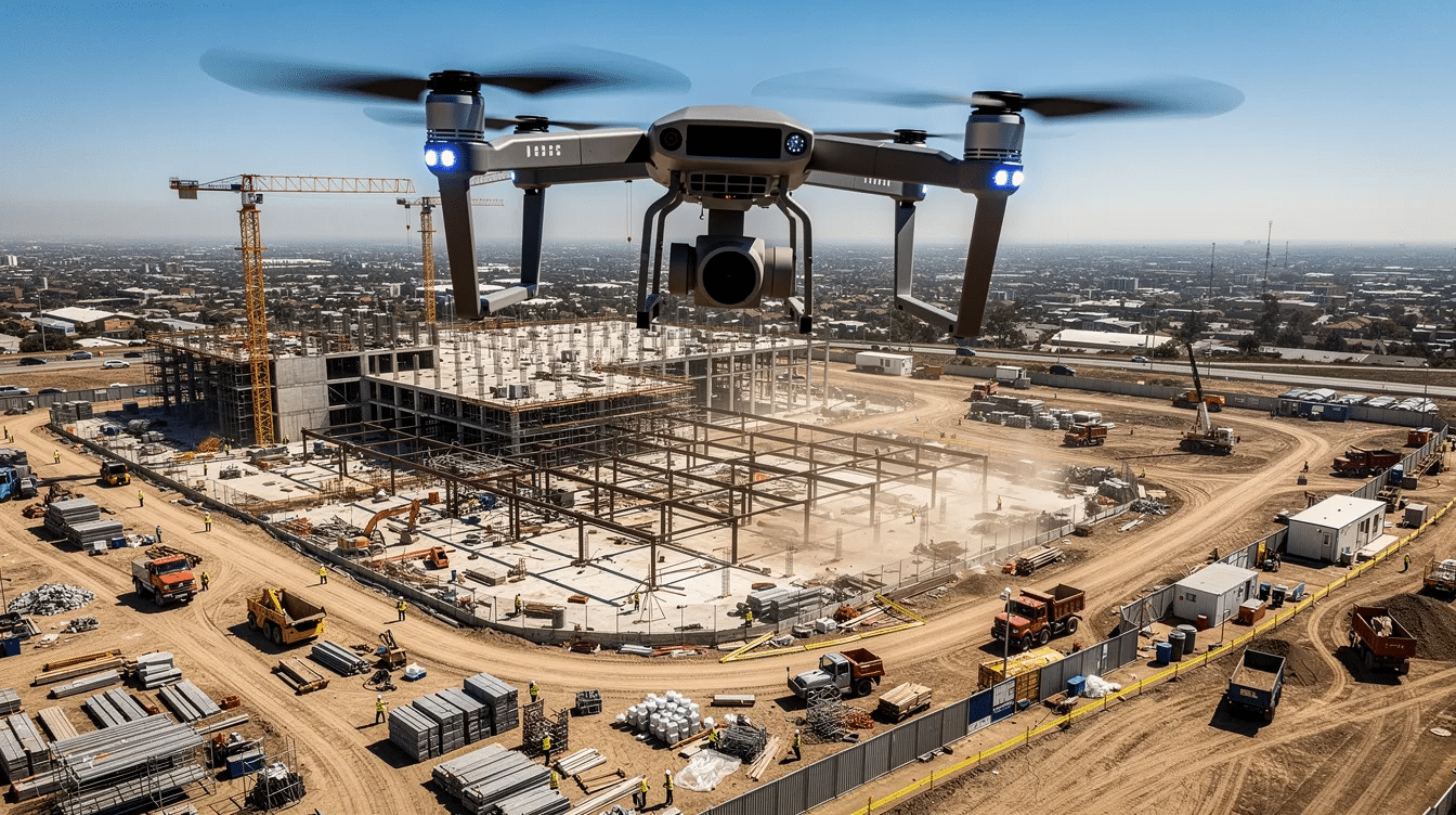 A drone captures aerial imagery of an active construction site, showcasing various construction projects in progress, including both residential and commercial construction. This scene highlights the dynamic nature of the construction industry, reflecting current trends in infrastructure investment and the ongoing challenges such as labor shortages and rising material costs.