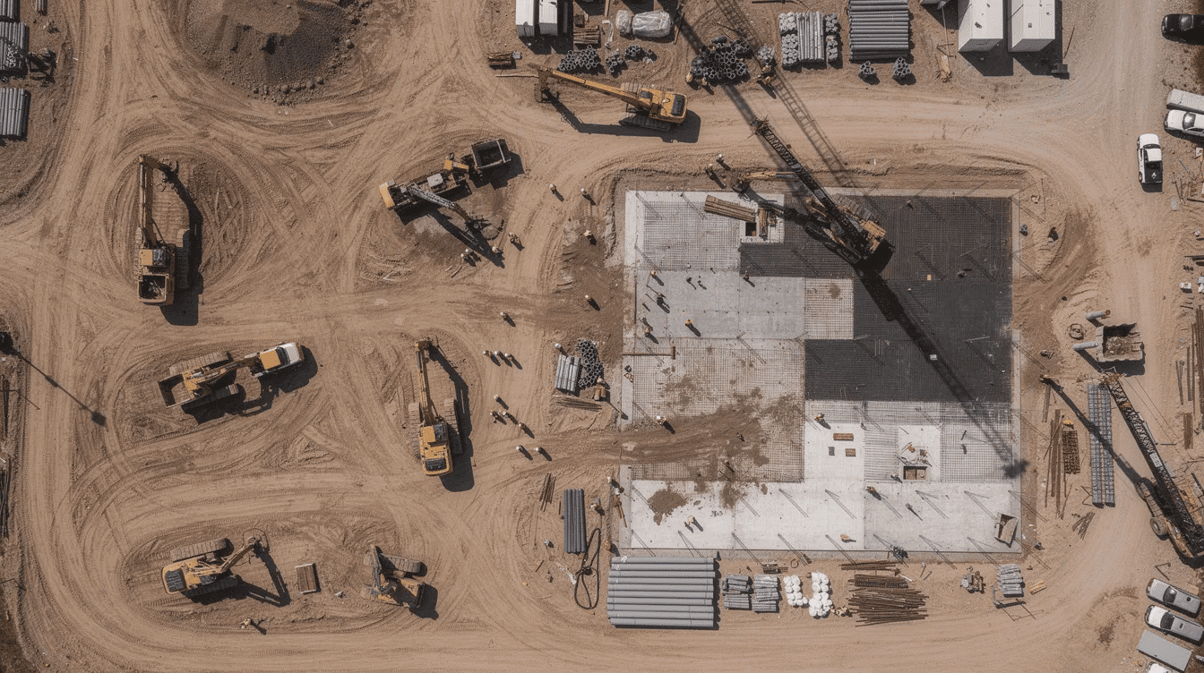 An aerial view captures heavy construction equipment and workers actively engaged at a large-scale infrastructure project site, showcasing the collaboration of construction contractors and labor organizations under federally funded construction projects. The scene highlights the importance of regulations governing safety and labor management stability in taxpayer funded construction projects.