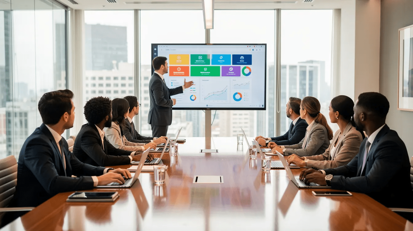 A diverse group of construction professionals, including architects, engineers, and project managers, is engaged in a business meeting around a conference table, discussing industry trends and strategies for sustainable construction. The setting reflects a collaborative atmosphere, typical of construction industry events aimed at fostering networking opportunities and sharing insights among industry leaders.