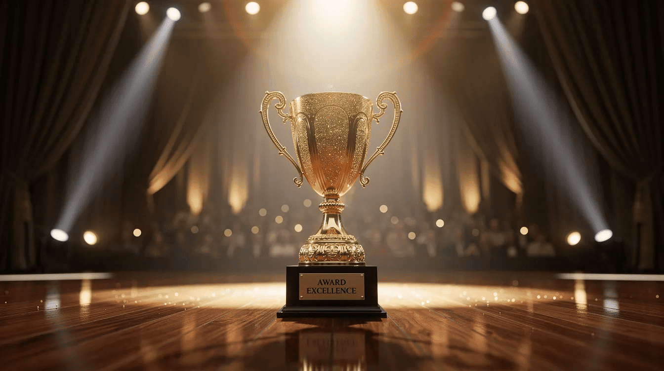The image depicts a trophy and award ceremony setting, with vibrant stage lighting illuminating the podium where construction industry leaders gather to celebrate achievements. Attendees, including project managers and general contractors, are seen networking and engaging in discussions about the latest trends and sustainable construction practices.