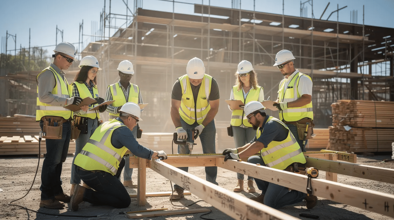 A group of construction apprentices is actively engaged in hands-on training at a job site, learning essential skills for successful project management and construction performance. This practical experience is crucial for their understanding of key performance indicators (KPIs) that impact project success and client satisfaction in the construction industry.