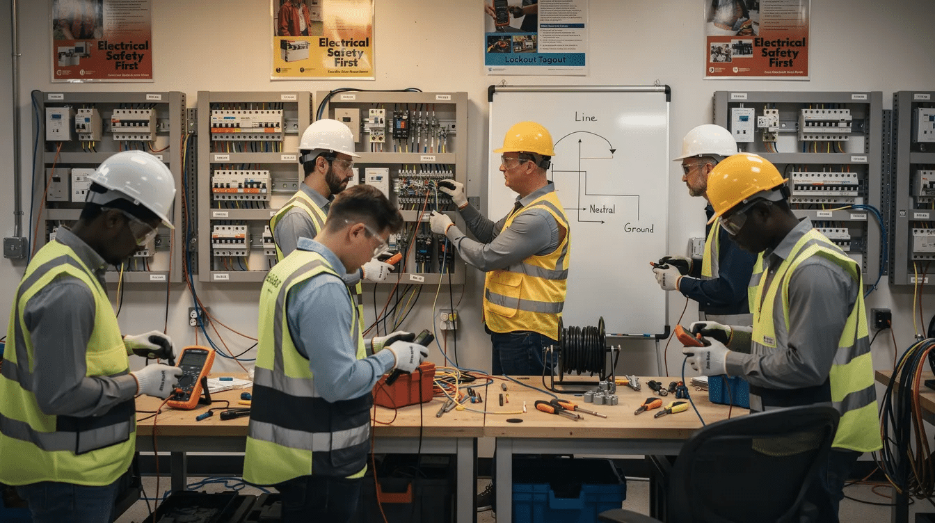 The image depicts a group of apprentices engaged in hands-on electrical work within a training workshop, highlighting the importance of skilled workers in the construction industry. This setting reflects the ongoing efforts to address labor shortages and prepare the next generation for future projects in the construction and engineering industry.