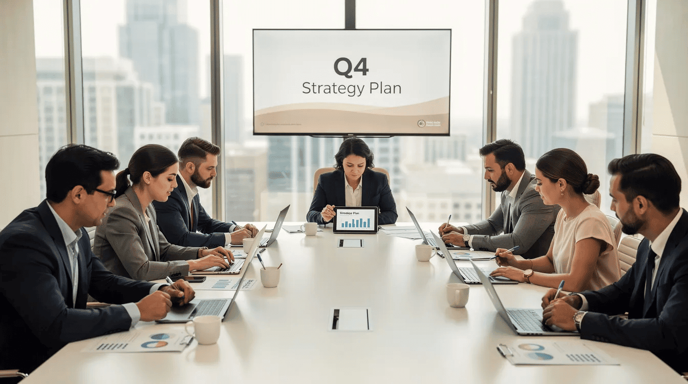 A group of business professionals is seated around a conference table, actively reviewing documents and discussing strategies related to federal construction projects. They appear focused on planning and ensuring compliance with regulations governing safety and labor management stability for taxpayer-funded construction initiatives.