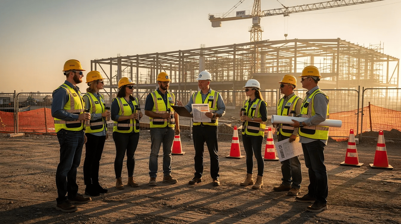 A group of construction workers is gathered in a circle for a morning safety huddle on a job site, discussing important safety protocols and addressing mental health concerns in the construction industry. This meeting highlights the need for workplace mental health resources and emphasizes the importance of worker well-being in reducing safety risks.