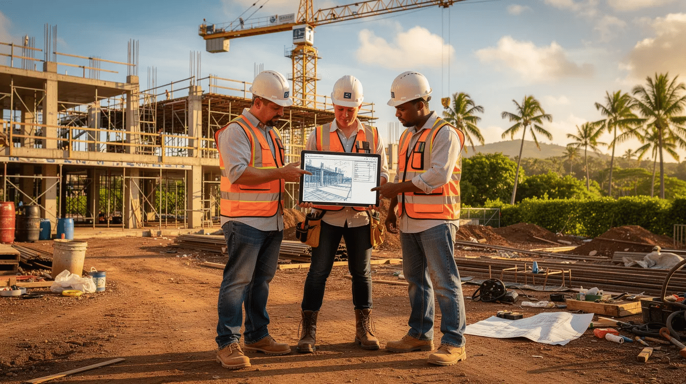 A group of construction workers is gathered at a job site in Hawaii, intently reviewing digital plans on a tablet. The scene reflects a collaborative effort in a project that emphasizes leadership and excellence in construction practices.