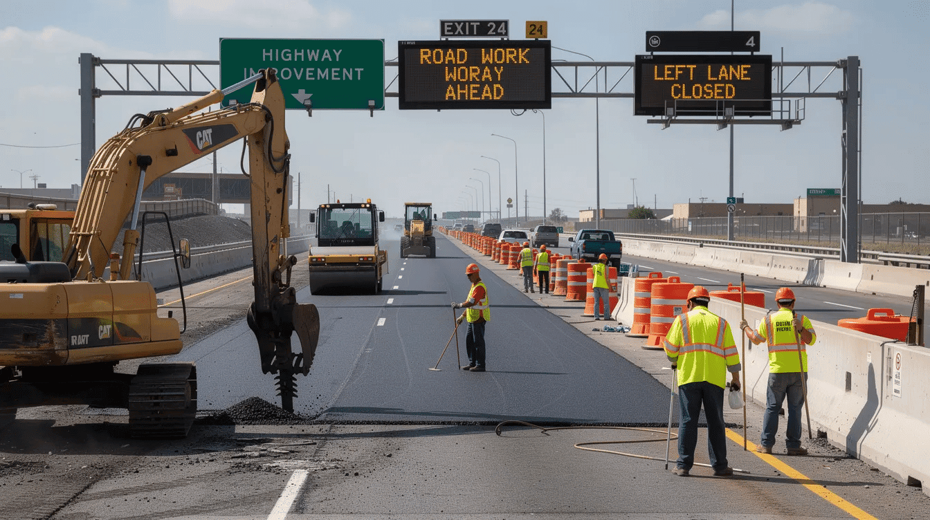 The image depicts construction workers and heavy equipment actively engaged in a highway improvement project, highlighting the collaboration involved in large scale construction projects. This scene emphasizes the importance of skilled labor and project labor agreements in enhancing the local construction workforce and ensuring efficient use of public funds.