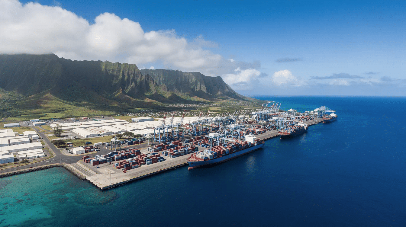 An aerial view captures a Hawaiian industrial port area, framed by majestic mountains and the vast ocean, highlighting the intersection of natural beauty and industrial development. This scene reflects the ongoing dialogue between local governments, community leaders, and data center developers about the balance of economic benefits and environmental concerns in the region.