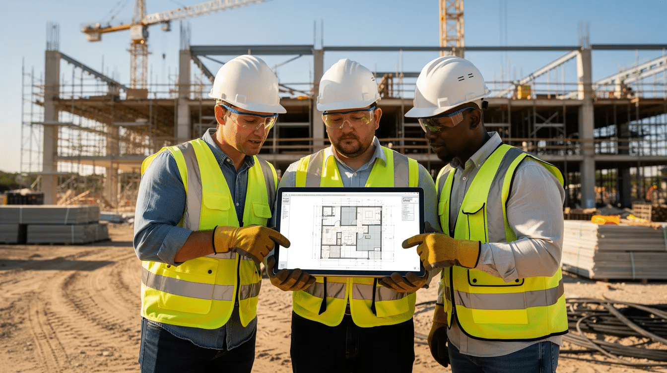 A group of construction professionals is gathered at a commercial building site, intently reviewing digital plans on a tablet to enhance project management and resource allocation. This scene highlights the integration of AI tools and technologies in construction workflows, showcasing the industry's shift towards data-driven decision making.