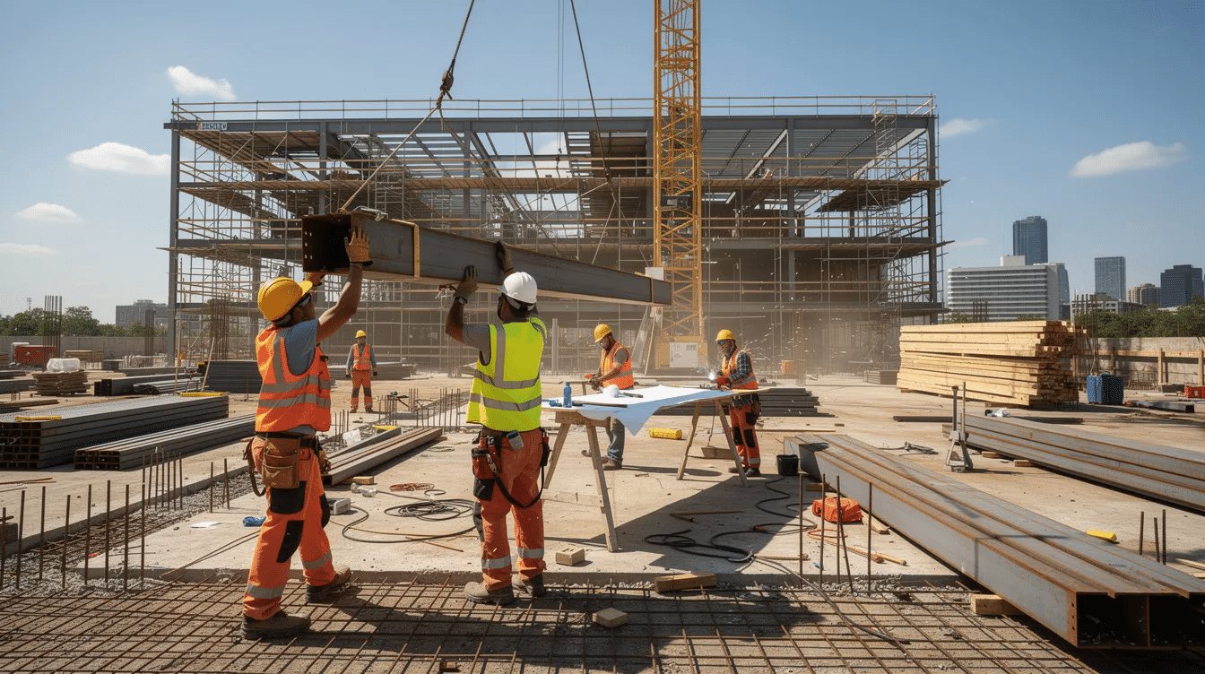 A group of construction workers, dressed in safety gear, are actively engaged in building a large commercial project, likely related to data center construction. Their work contributes to the development of essential data centers, which are vital for modern life and local economies.