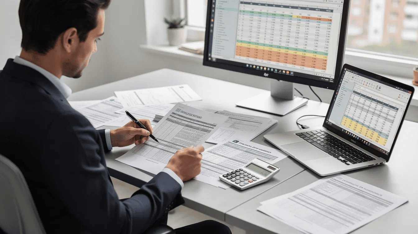 A person is seated at an office desk, intently reviewing bid documents and spreadsheets related to construction projects. The scene captures the focus on project labor agreements and the complexities of managing costs and skilled labor shortages in the construction industry.