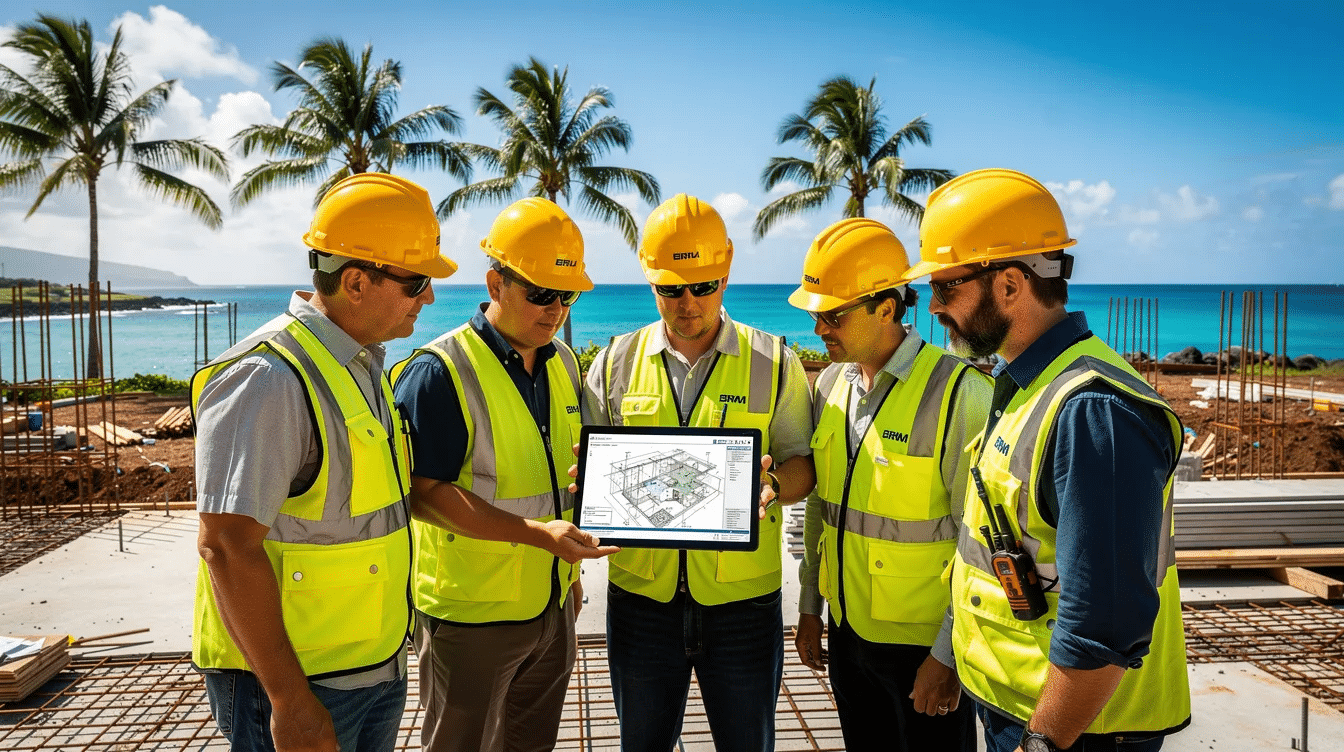 Two construction workers wearing hard hats are gathered at a job site in Hawaii, intently reviewing plans on a tablet while the ocean is visible in the background. This scene highlights the importance of apprenticeship programs in the construction industry, where workers learn specialized skills and receive proper training to pursue their career goals.