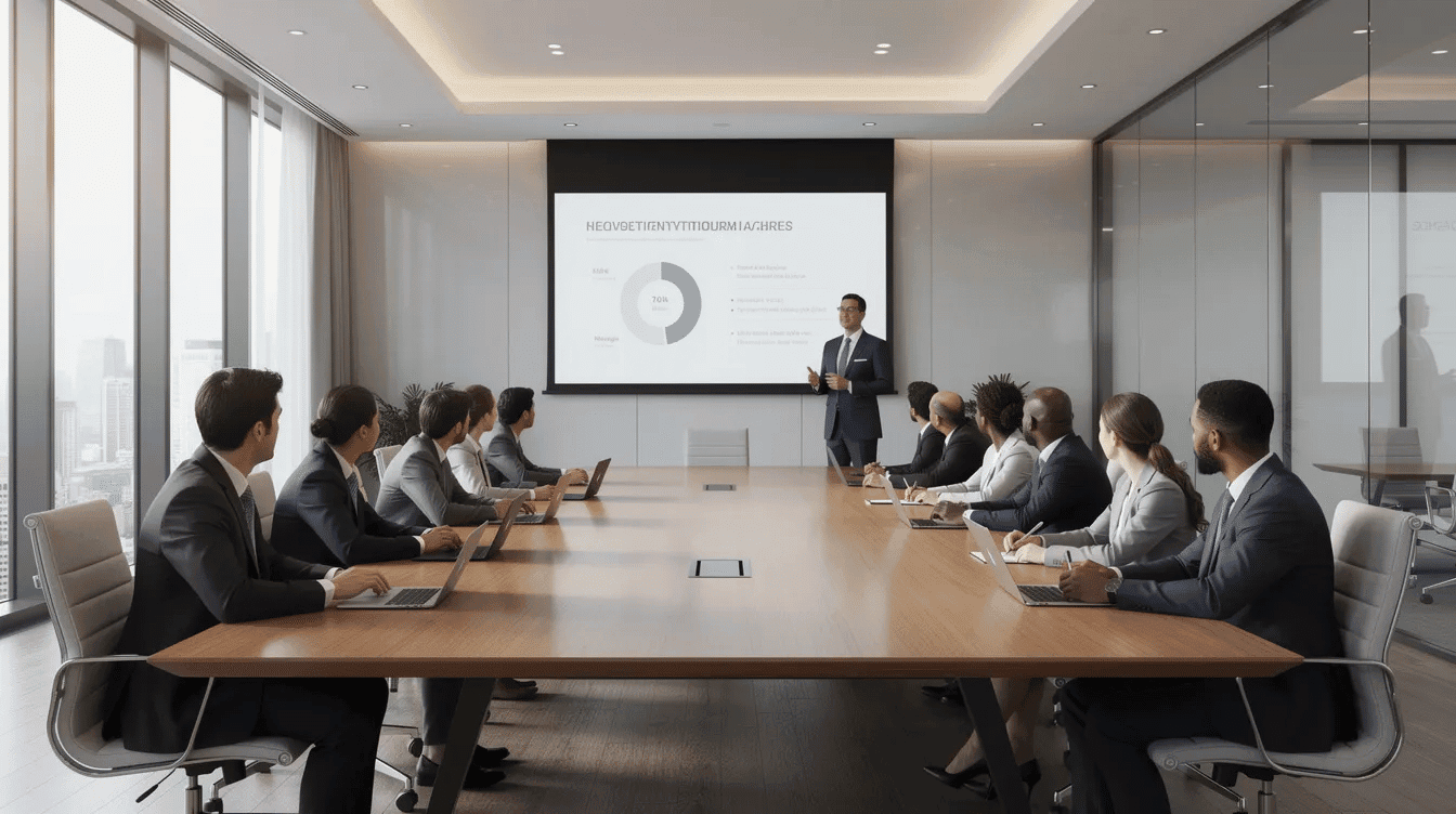 The image depicts a professional conference room filled with attendees attentively listening to a speaker presenting on topics related to CMMC compliance and cybersecurity maturity model certification. The atmosphere is focused, emphasizing the importance of understanding cybersecurity practices and requirements for federal contracts, particularly for defense contractors and DOD contracts.
