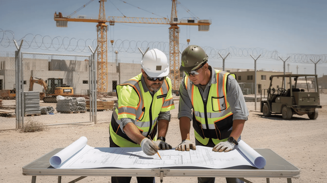 In the image, construction workers are gathered around a set of blueprints at a military installation, with cranes and heavy equipment visible in the background, highlighting the importance of cmmc compliance and cybersecurity practices in defense contracting. The scene reflects the collaboration necessary for ensuring that all cmmc requirements are met for the protection of controlled unclassified information.