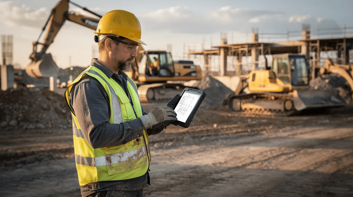 A construction professional stands on a job site, focused on a tablet while heavy equipment looms in the background. This scene highlights the integration of technology in construction, emphasizing the importance of compliance with cybersecurity standards, such as CMMC certification, for defense contractors working on federal contracts.