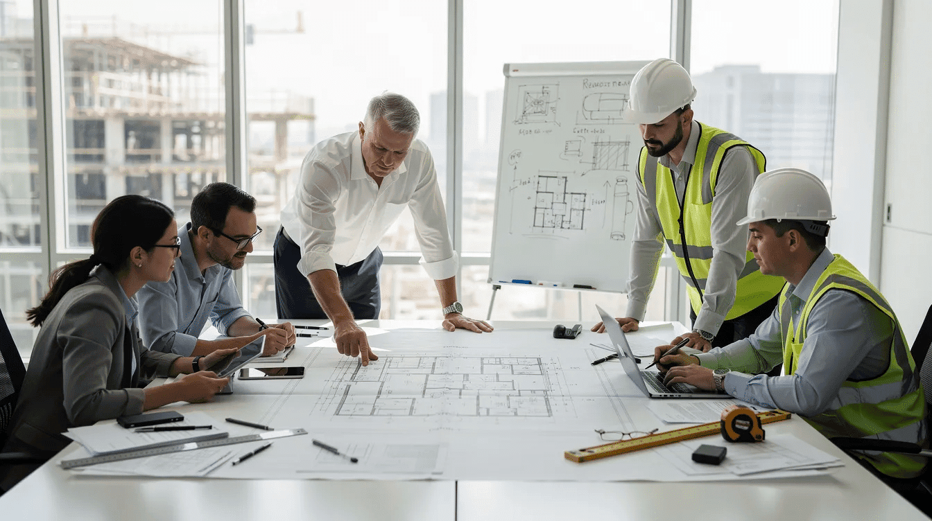 A team of construction professionals is gathered around blueprints in a meeting room, discussing project planning and resource allocation for their construction projects. The atmosphere reflects collaboration and strategic decision-making, essential for integrating AI technologies in construction management.