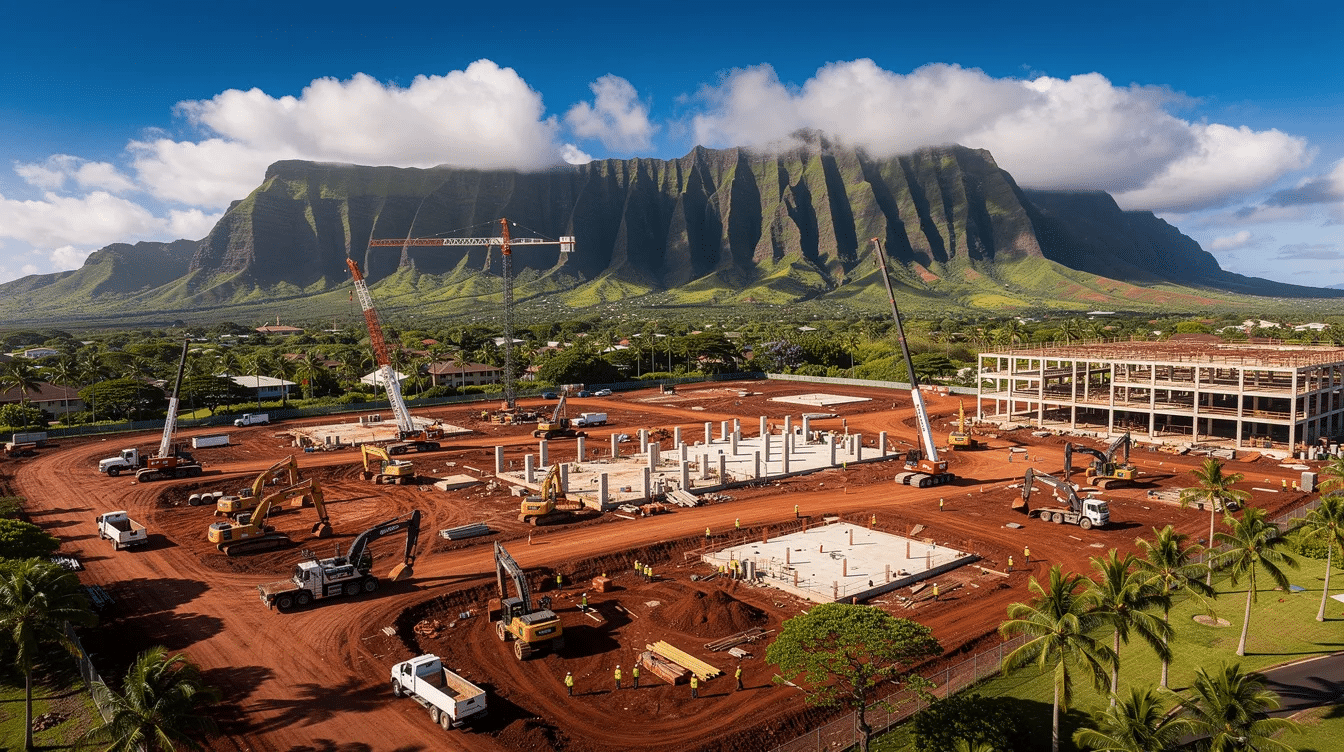 An aerial view of a construction site in Hawaii showcases a bustling environment with workers engaged in various tasks, framed by lush mountains in the background. This image highlights the importance of addressing mental health concerns within the construction industry, emphasizing the need for mental health resources and support for construction workers to improve their overall well-being.