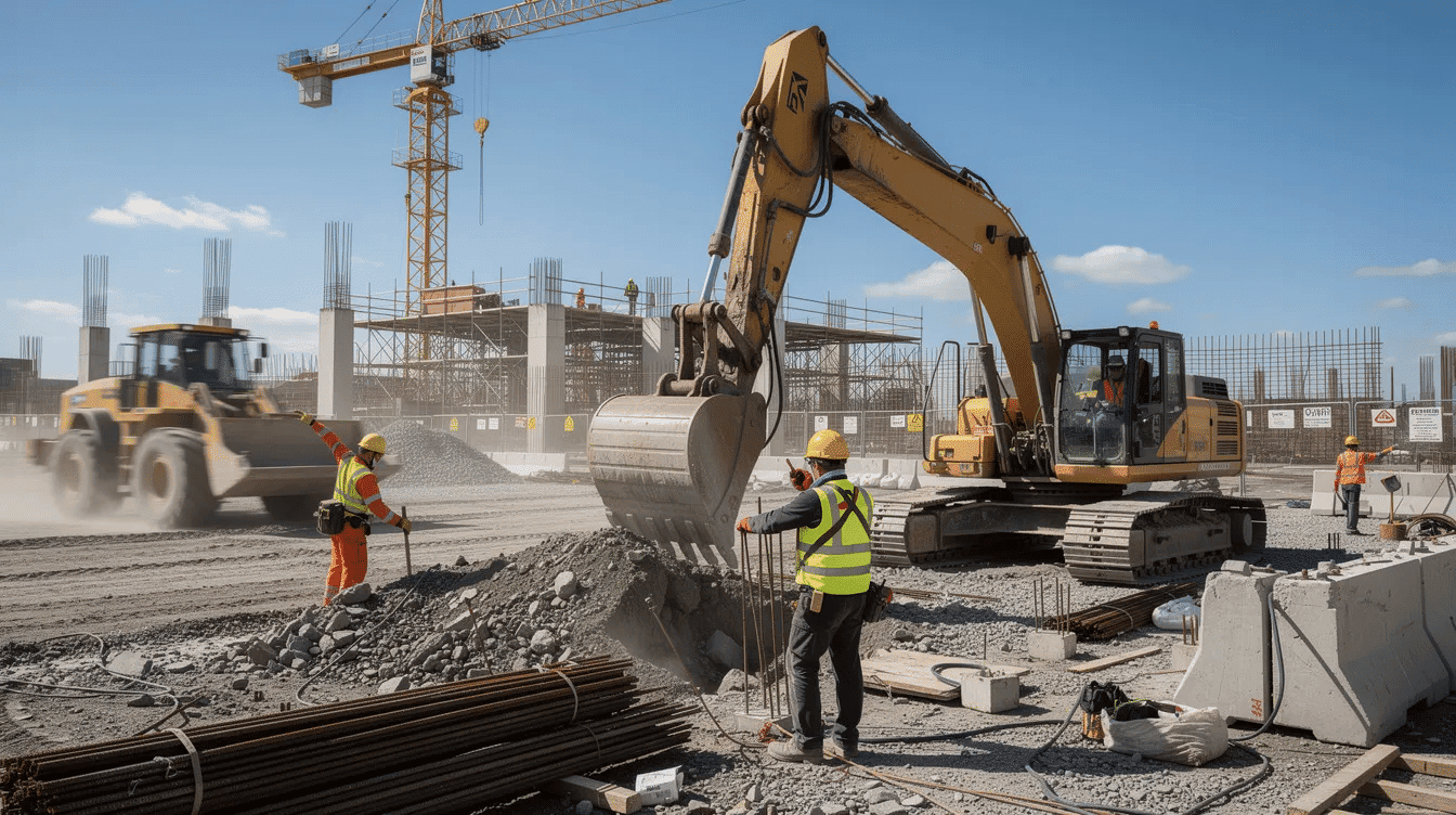 The image shows construction workers skillfully operating heavy equipment at a large-scale construction project site, highlighting the collaboration between local workers and contractors. This scene emphasizes the importance of skilled labor in the construction industry and the potential impact of project labor agreements on the efficiency and safety of public projects.