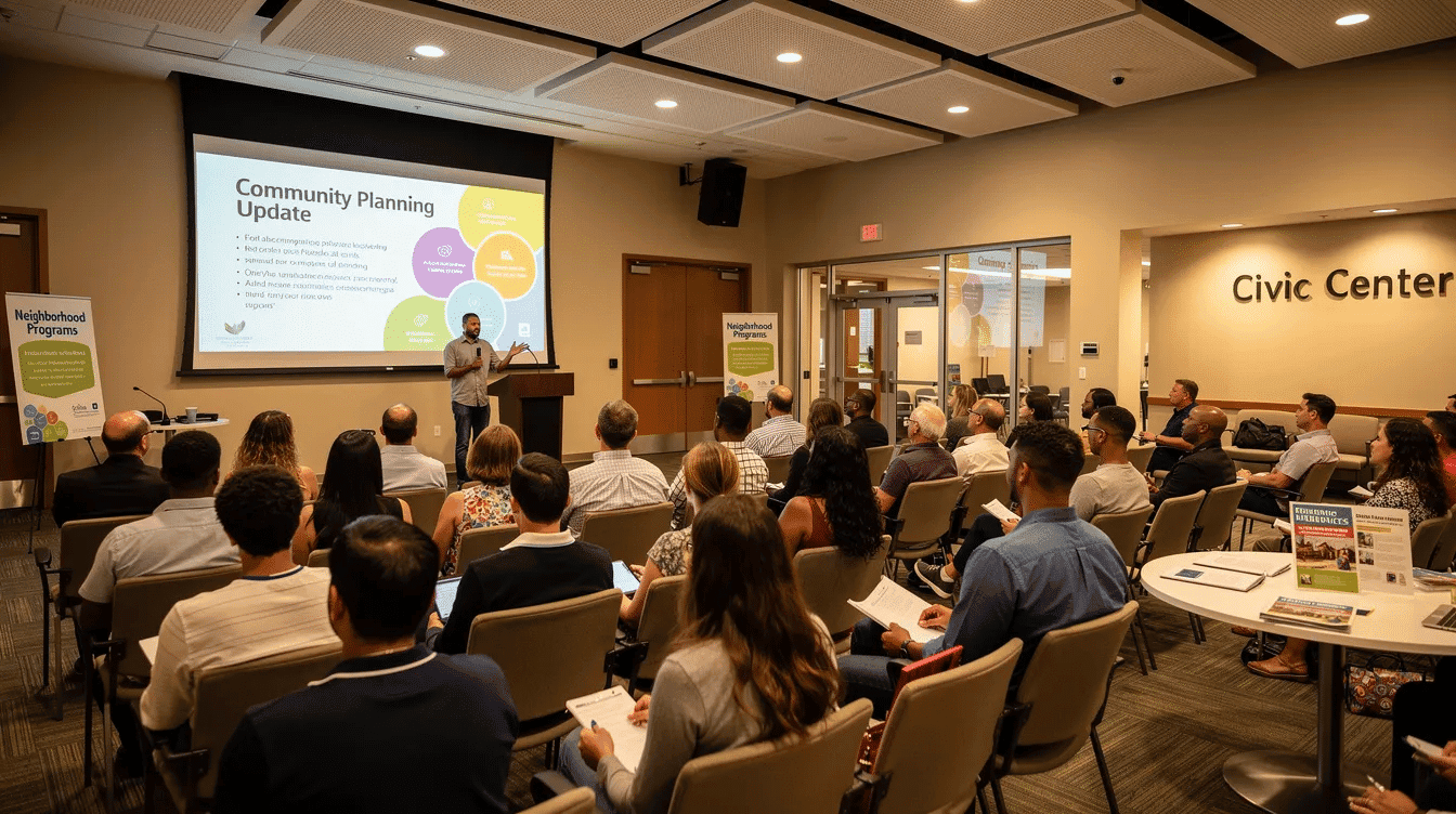 The image depicts a community meeting held in a civic center, showcasing a diverse group of attendees engaged in discussions about data center development. A presentation screen is visible, highlighting key topics related to local concerns and community engagement in the context of modern data centers and their potential benefits for local economies.