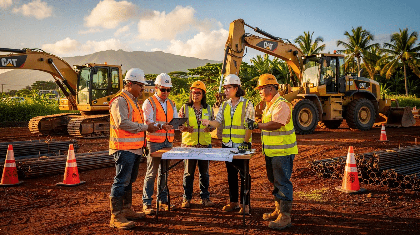 A construction crew is gathered at an outdoor job site in Hawaii, reviewing safety equipment and discussing safety practices to prevent injuries and ensure workplace safety. The scene highlights the importance of safety engagement and awareness, particularly in relation to the hazards associated with construction work.