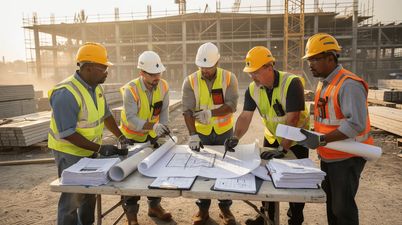A group of construction workers is gathered at a job site, intently reviewing blueprints and documents to ensure they control material costs effectively. Their focus reflects the importance of understanding construction material prices and trends in the construction industry to manage project budgets and timelines.