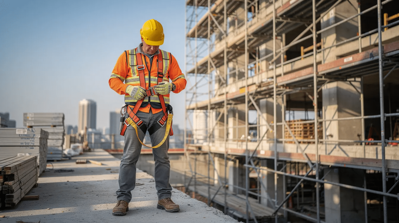 A construction worker is inspecting a safety harness while standing near scaffolding, emphasizing the importance of occupational safety and preventing workplace injuries. This scene highlights the need for awareness and proper safety practices to protect workers and reduce risks associated with construction tasks.
