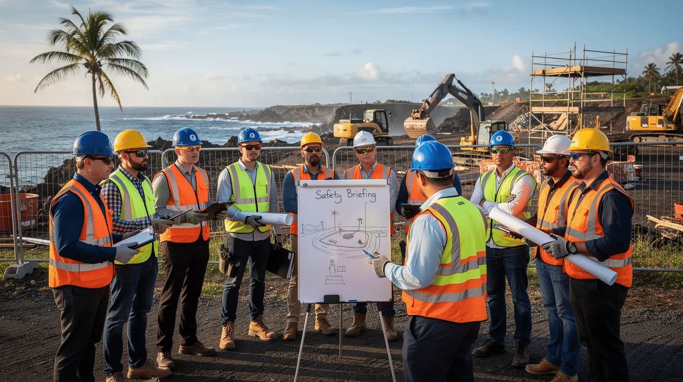 A group of construction workers stands together on an island jobsite, engaged in a pre-task safety meeting, emphasizing the importance of awareness and mindfulness in their physical work environment. They demonstrate a collective focus on safety practices, reflecting the essential connection between body awareness and well-being in the context of their labor.