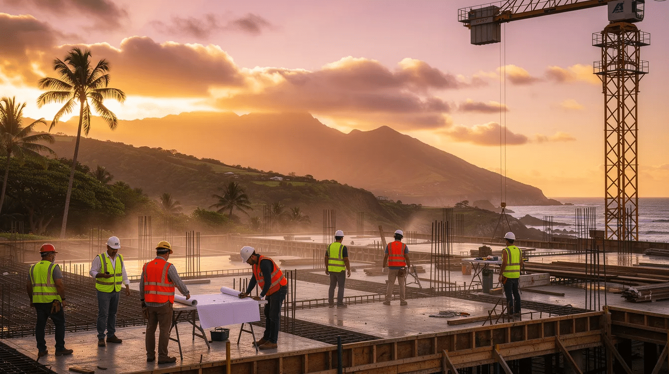 A construction crew is seen working at a job site in Hawaii during sunrise, highlighting the physical strength and teamwork of construction workers. This image reflects the importance of addressing mental health challenges in the construction industry, as many workers face mental health struggles that can affect their well-being and job performance.