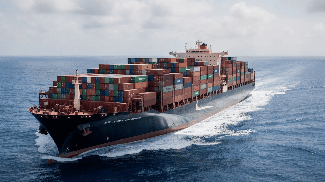 A large cargo ship navigates through the open ocean, symbolizing the global supply chains that are essential for transporting construction materials like steel and lumber. This scene reflects the complexities of material costs and availability influenced by factors such as geopolitical tensions and market demand.