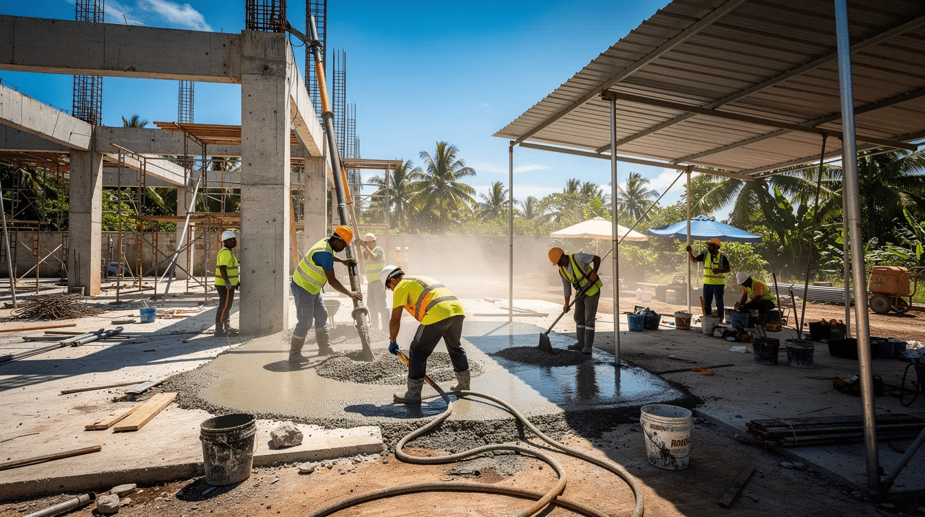 A construction crew is working under the intense tropical sunlight, surrounded by concrete structures and shaded areas. The workers are wearing personal protective equipment to safeguard against heat stress and heat-related illnesses while managing the physical demands of the job site in this hot environment.