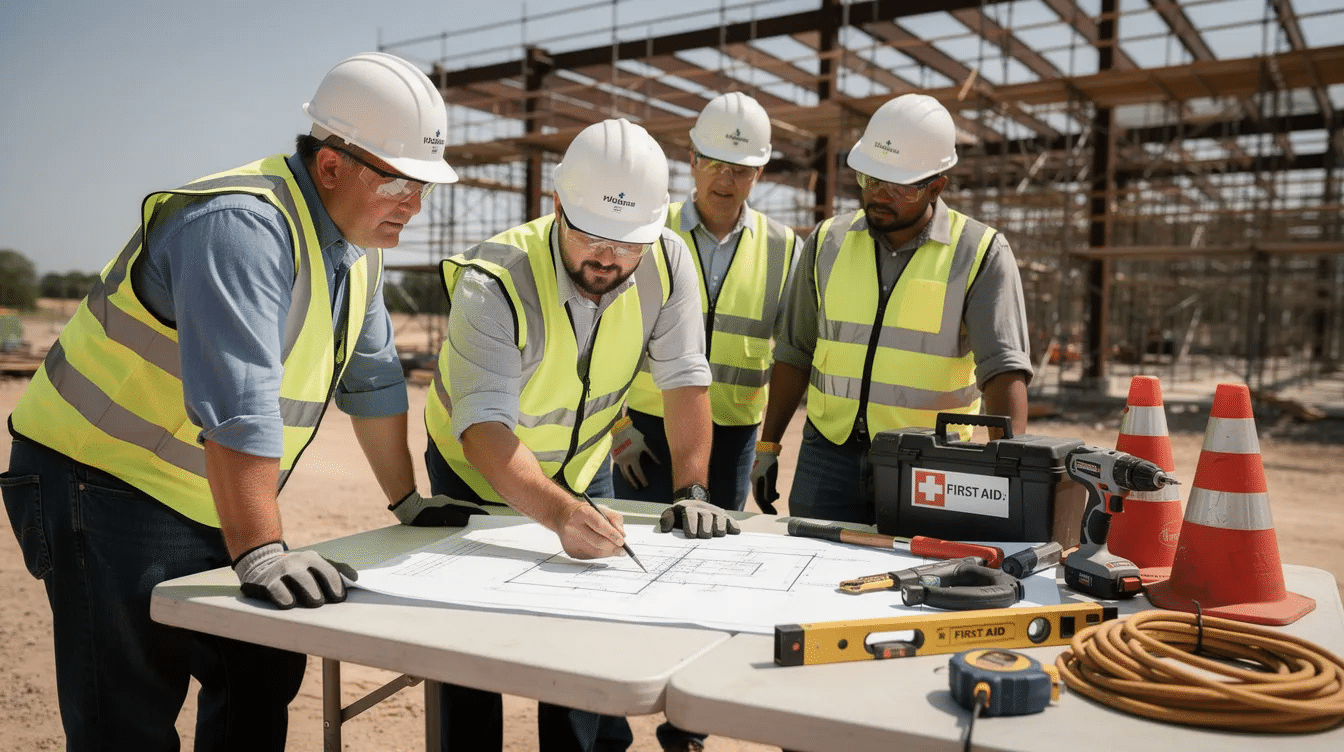 A foreman and his crew are gathered around a table, reviewing work plans while surrounded by tools and safety gear. The scene emphasizes teamwork and preparedness, reflecting the importance of physical awareness and safety in their work environment.