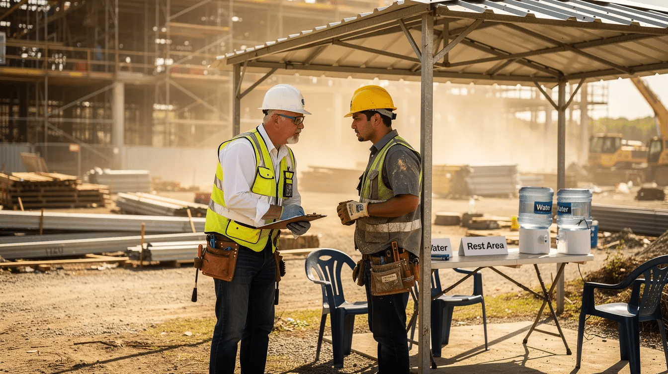 A supervisor is assisting a construction worker near a shaded rest area on a construction site, emphasizing the importance of taking frequent breaks to reduce heat stress and prevent heat-related illnesses in hot environments. The scene highlights the need for safety measures, such as personal protective equipment, to protect workers from extreme heat.